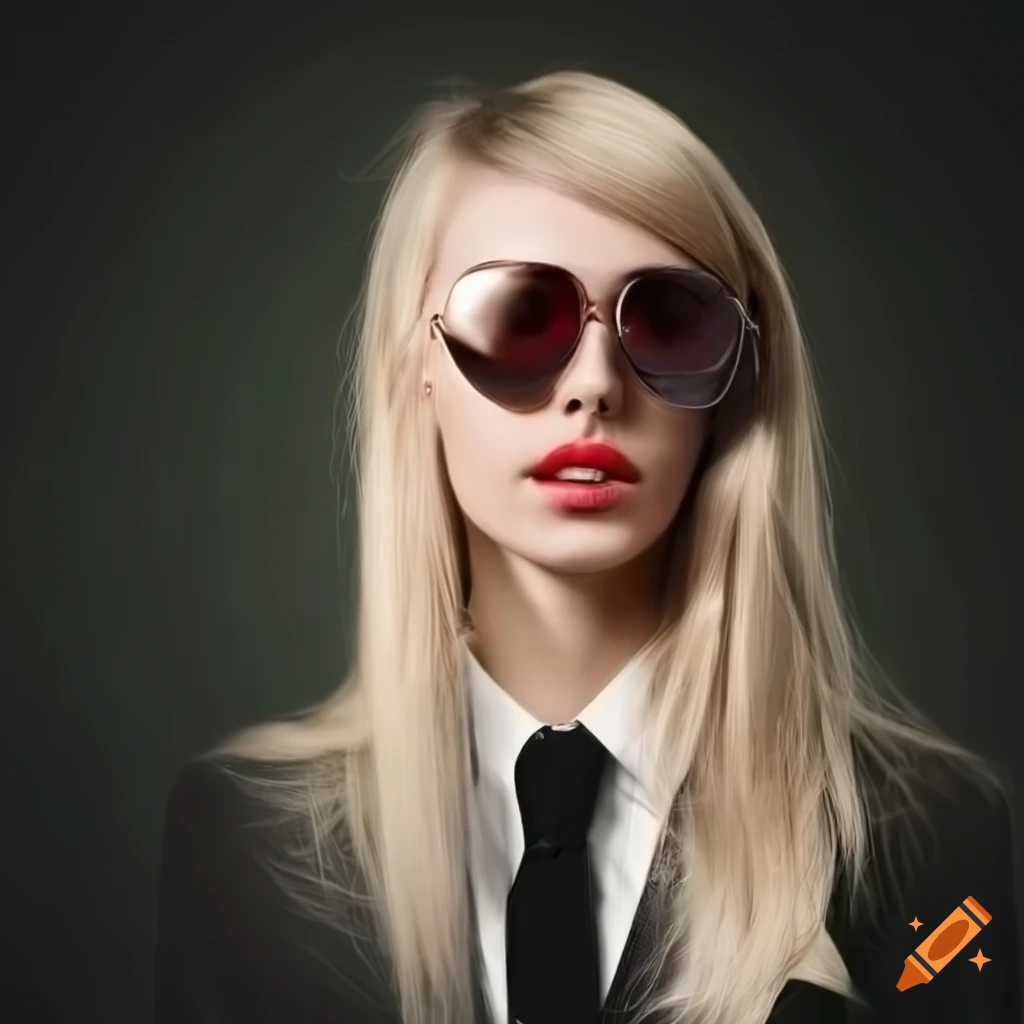 stylish young woman in suit and sunglasses