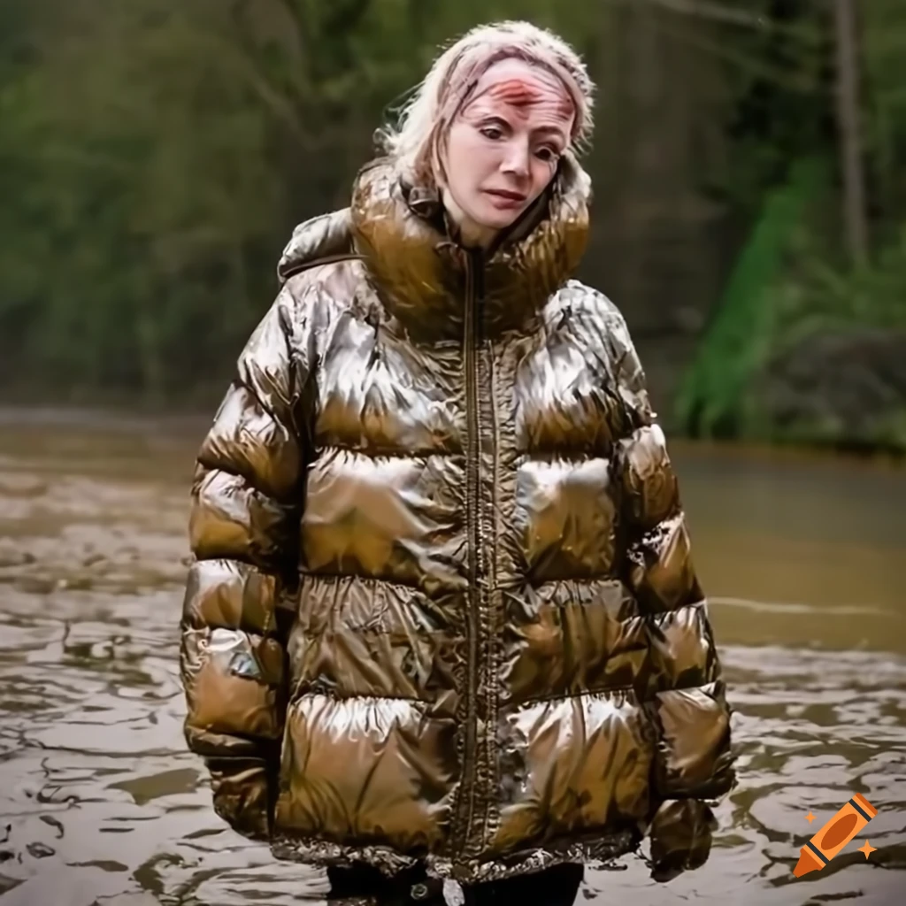 Woman in a muddy disaster wearing a moncler down-jacket
