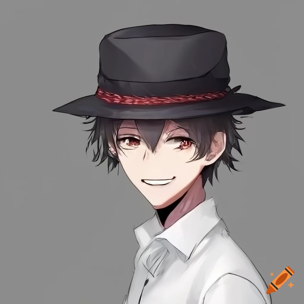 anime character with a black hat and white shirt smiling