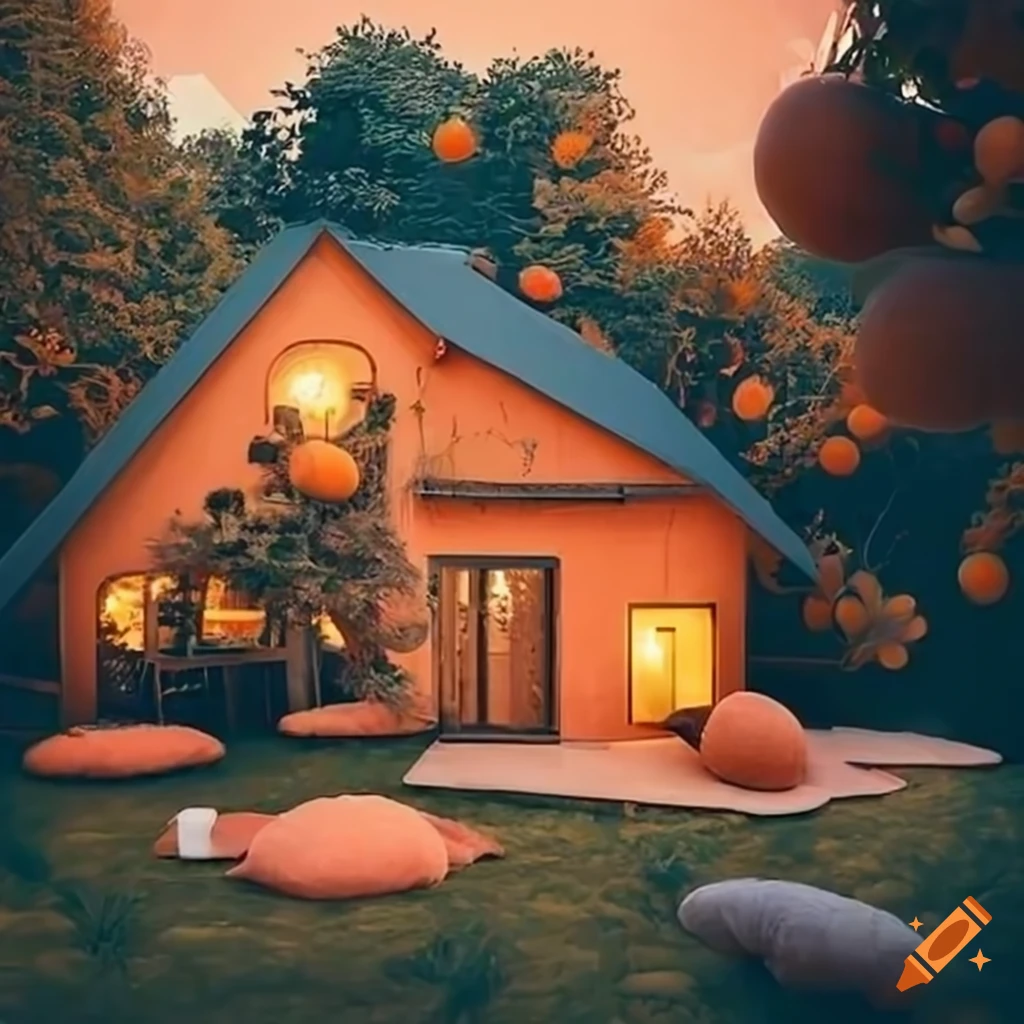 cozy house with orange trees and peach plushies in the backyard