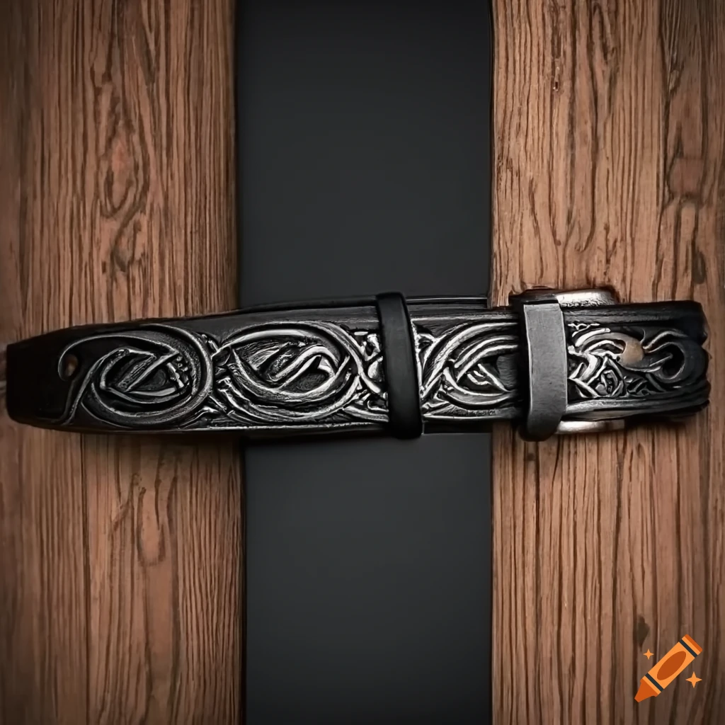 Celtic engraved black leather belt