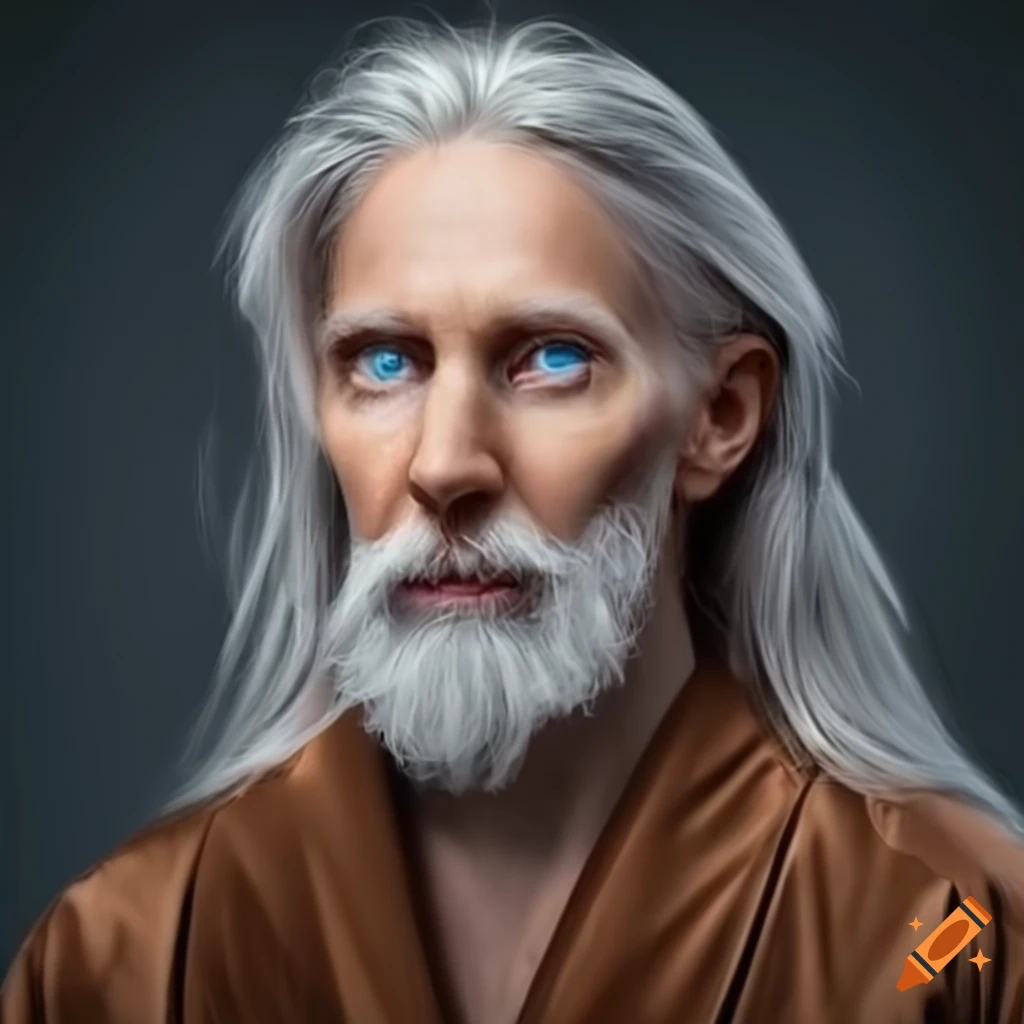 photo of a wise magician with blue eyes and long gray-blond hair