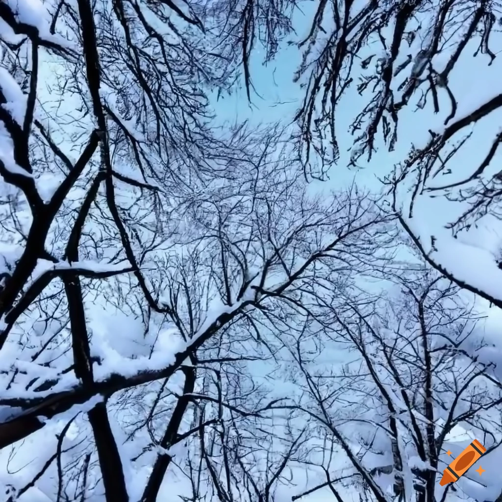 snow-covered tree branches captured from below