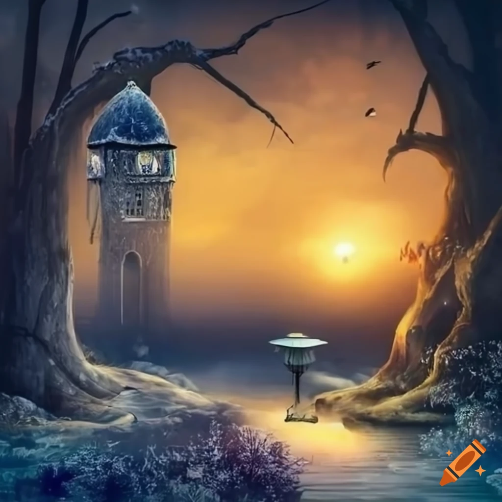 surreal park with strange creatures and fantasy elements