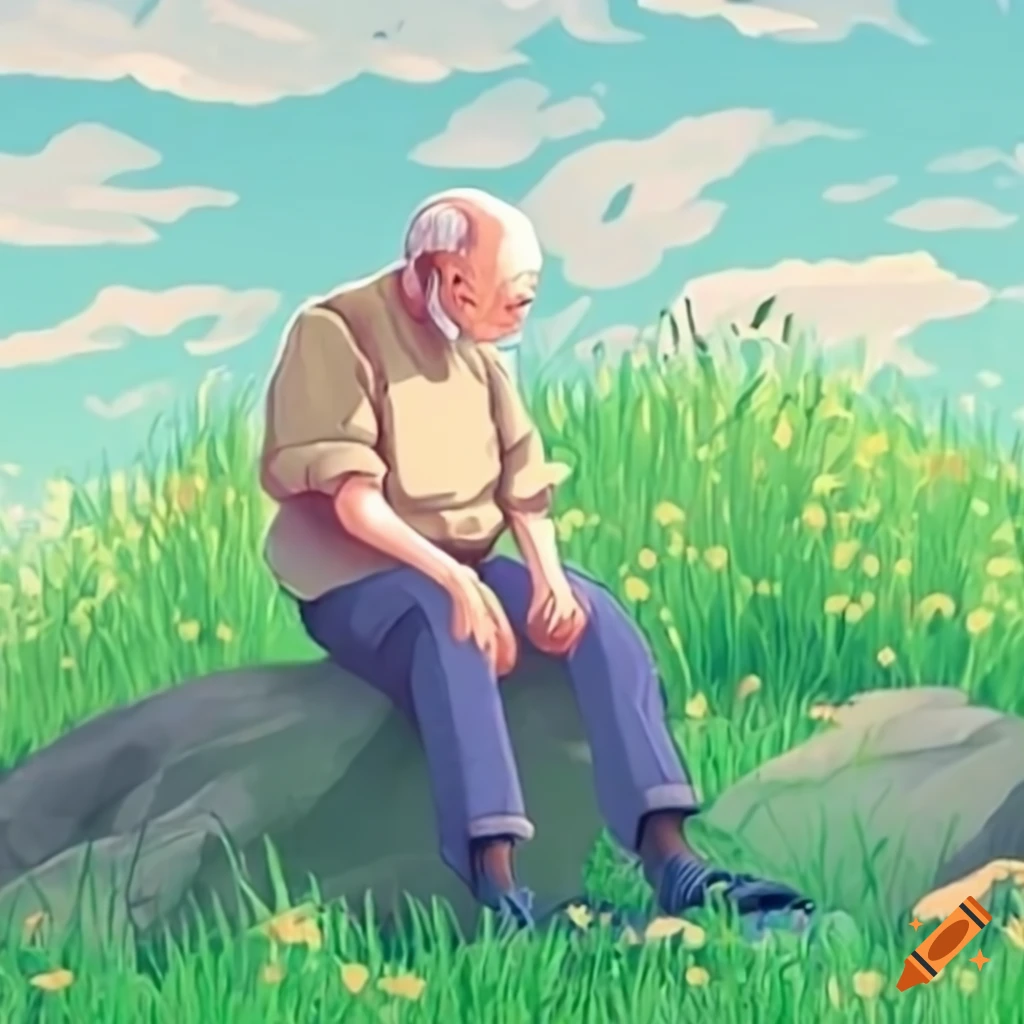 photo of an exhausted elderly man sitting on a rock