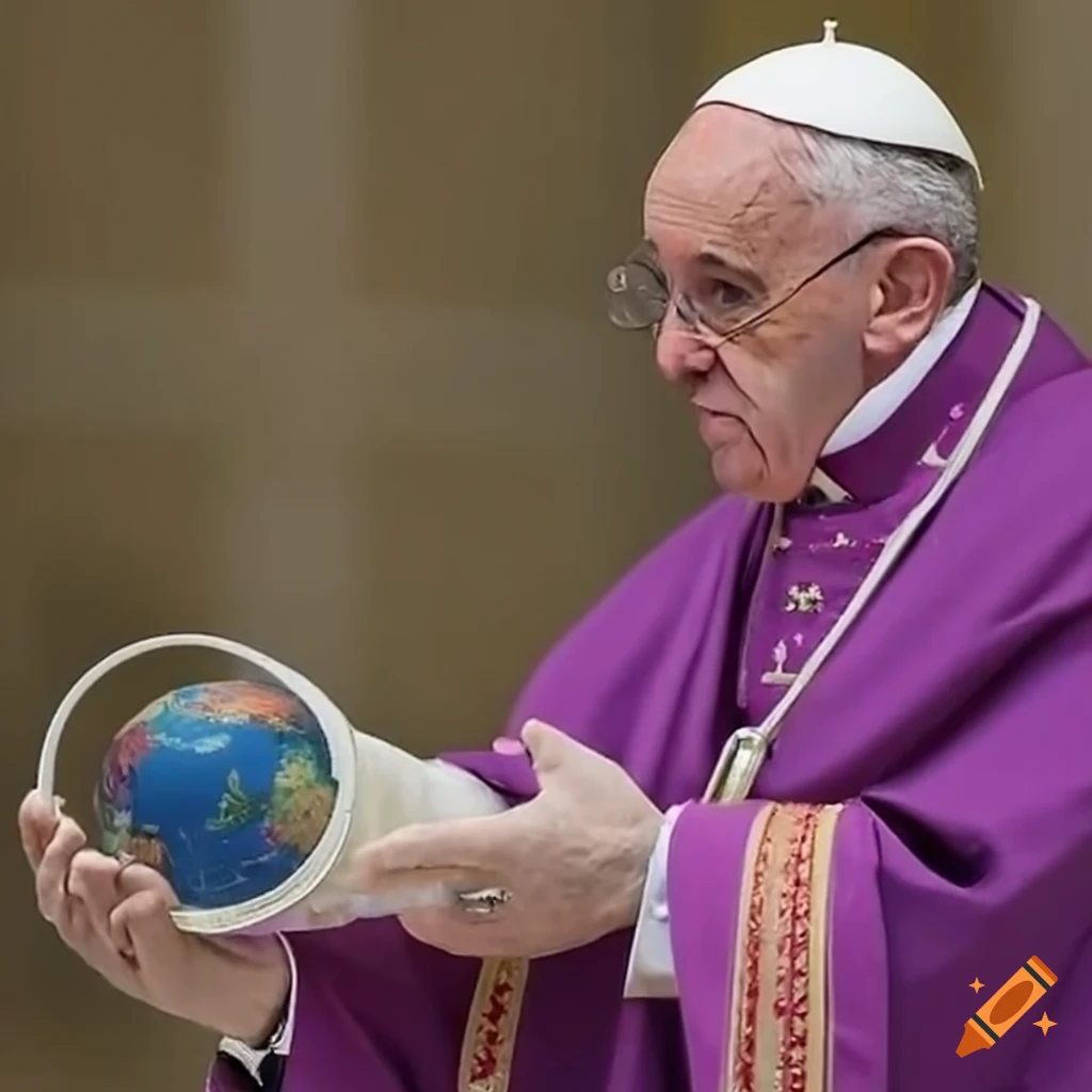 Artistic portrayal of pope francis holding the globe