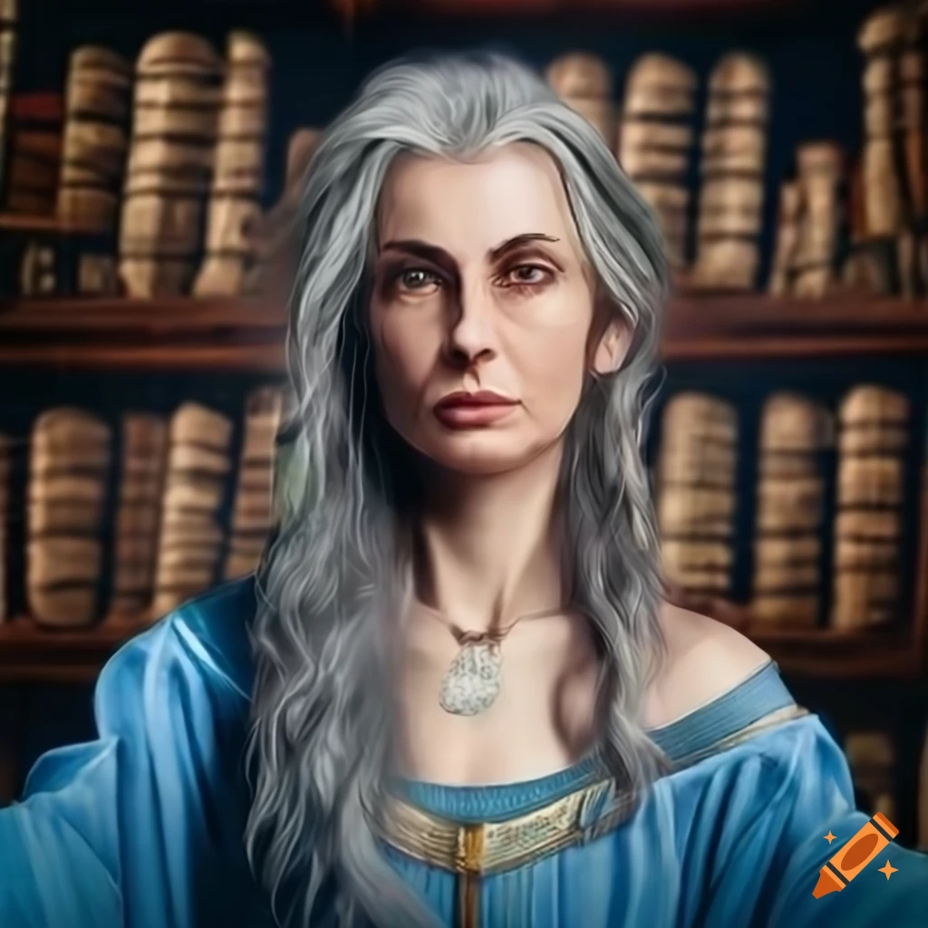 Fine art of a woman in a blue robe in an ancient library