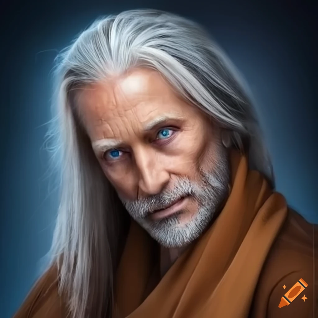 photo of a 55 year old magician in a brown robe with blue eyes and long gray-blond hair