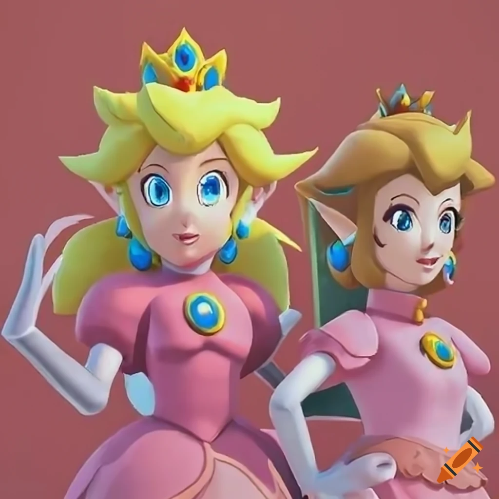 Princess peach and link in costume swap pose together on Craiyon