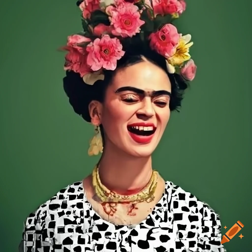 Frida Kahlo with flowers in her hair and wearing a cubes dress