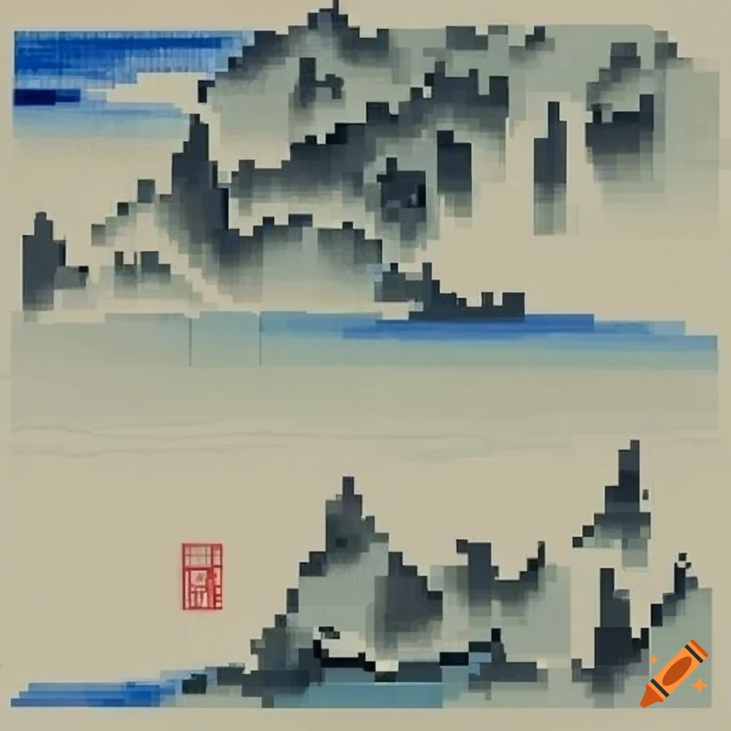 Chinese ink painting of rivers in pixel art on Craiyon