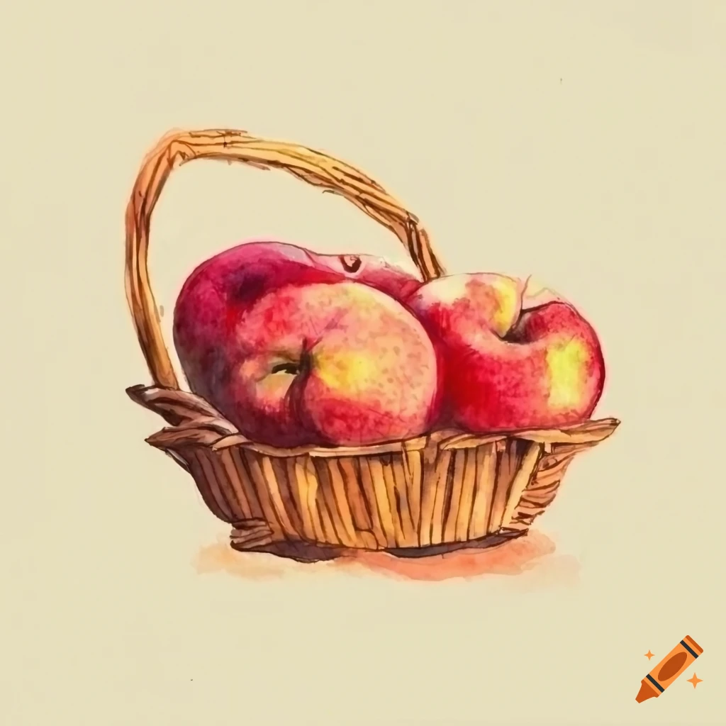 Watercolor painting of a basket of red apples