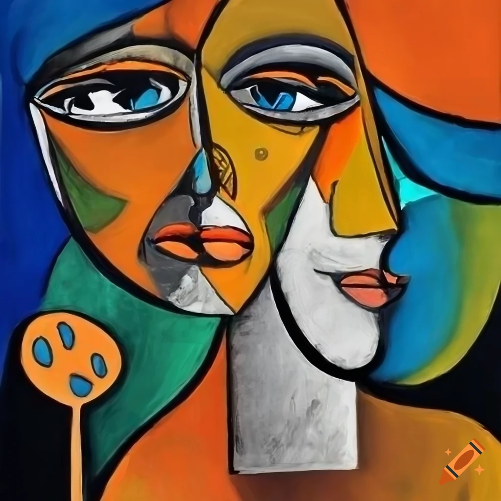 surrealistic black and white artwork with orange, green, blue and fine black lines