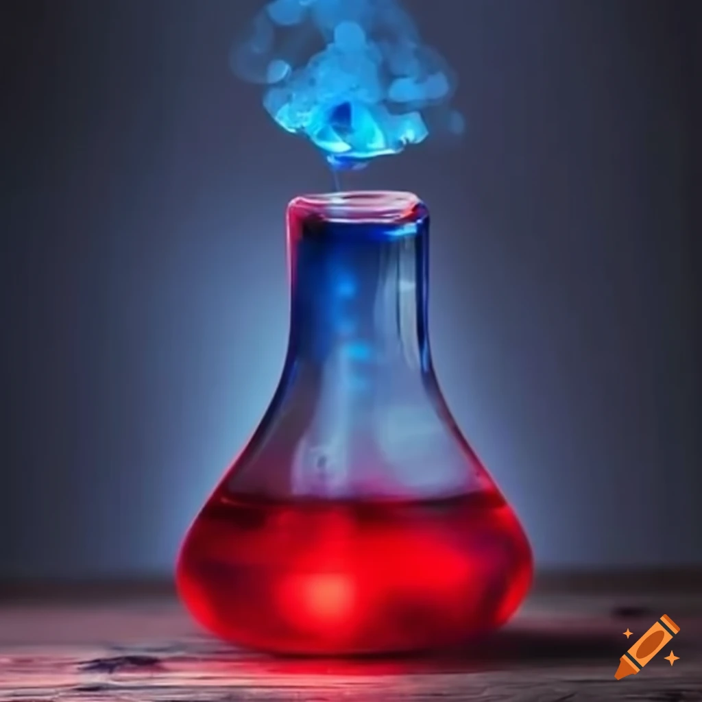 red and blue glowing elixir on wood desk
