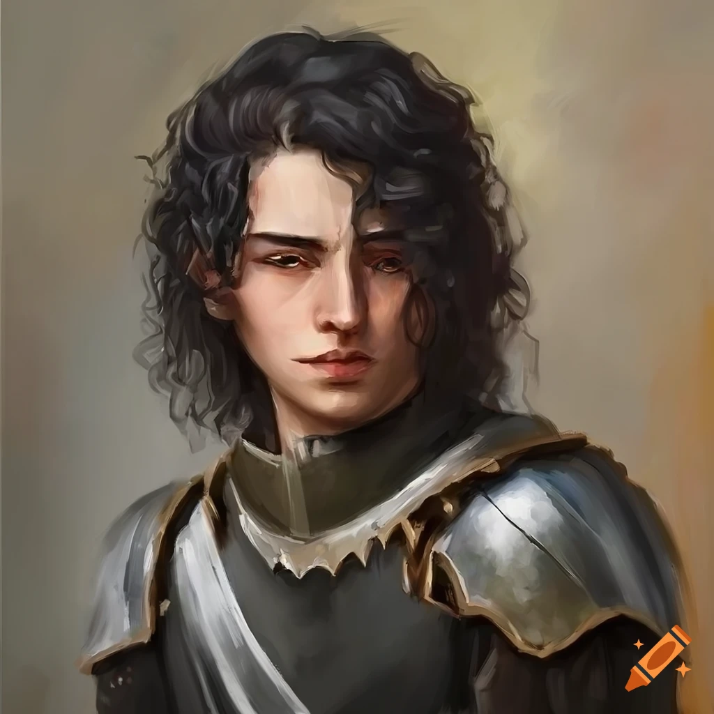 oil painting of a brave knight with dark hair