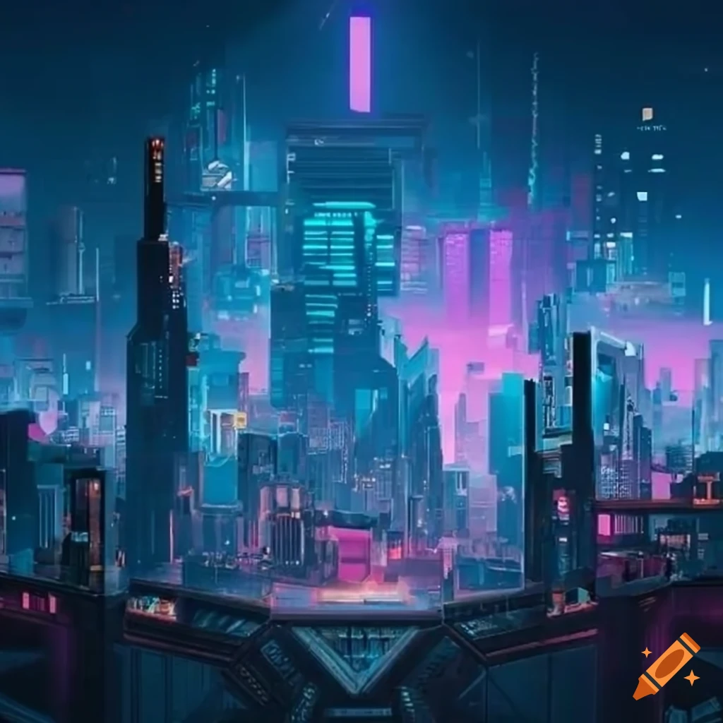 Cyberpunk game board with futuristic city background on Craiyon