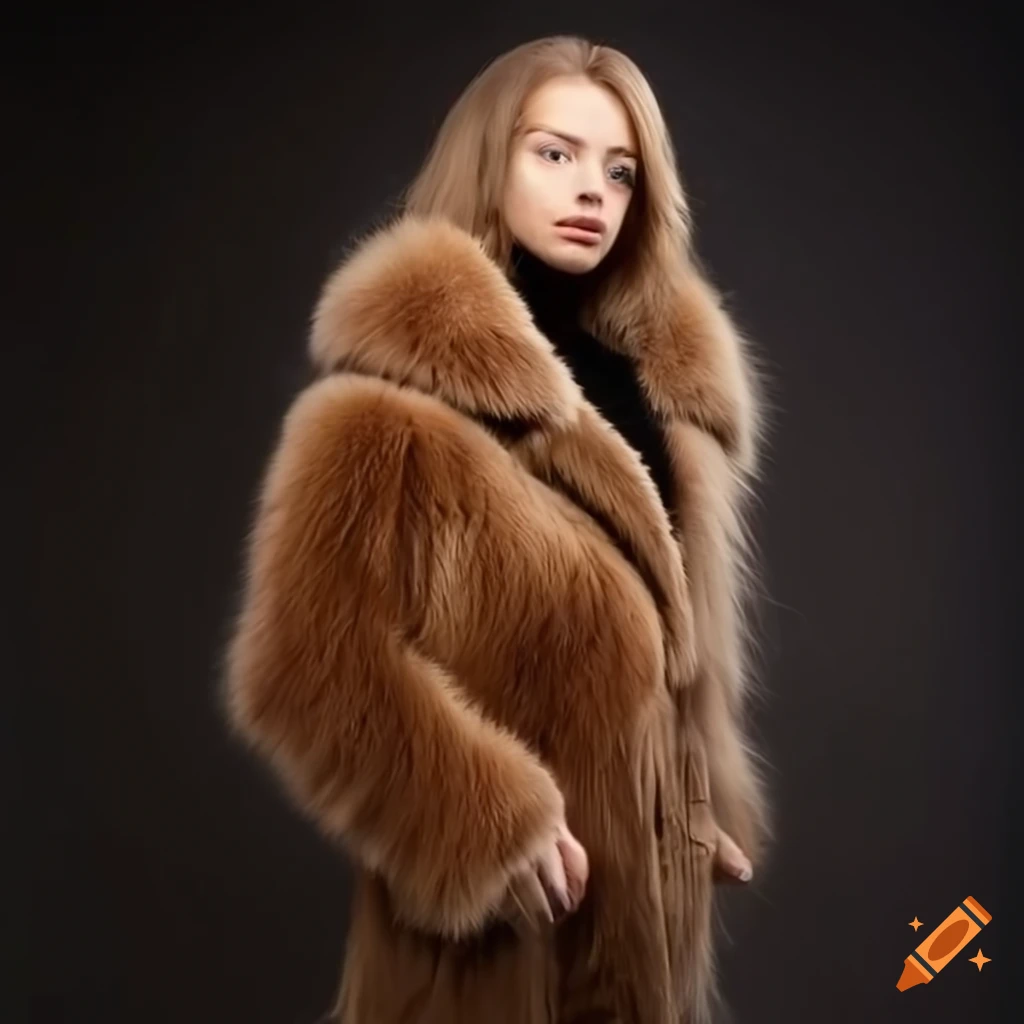 Woman wearing a fluffy fur collar coat on Craiyon