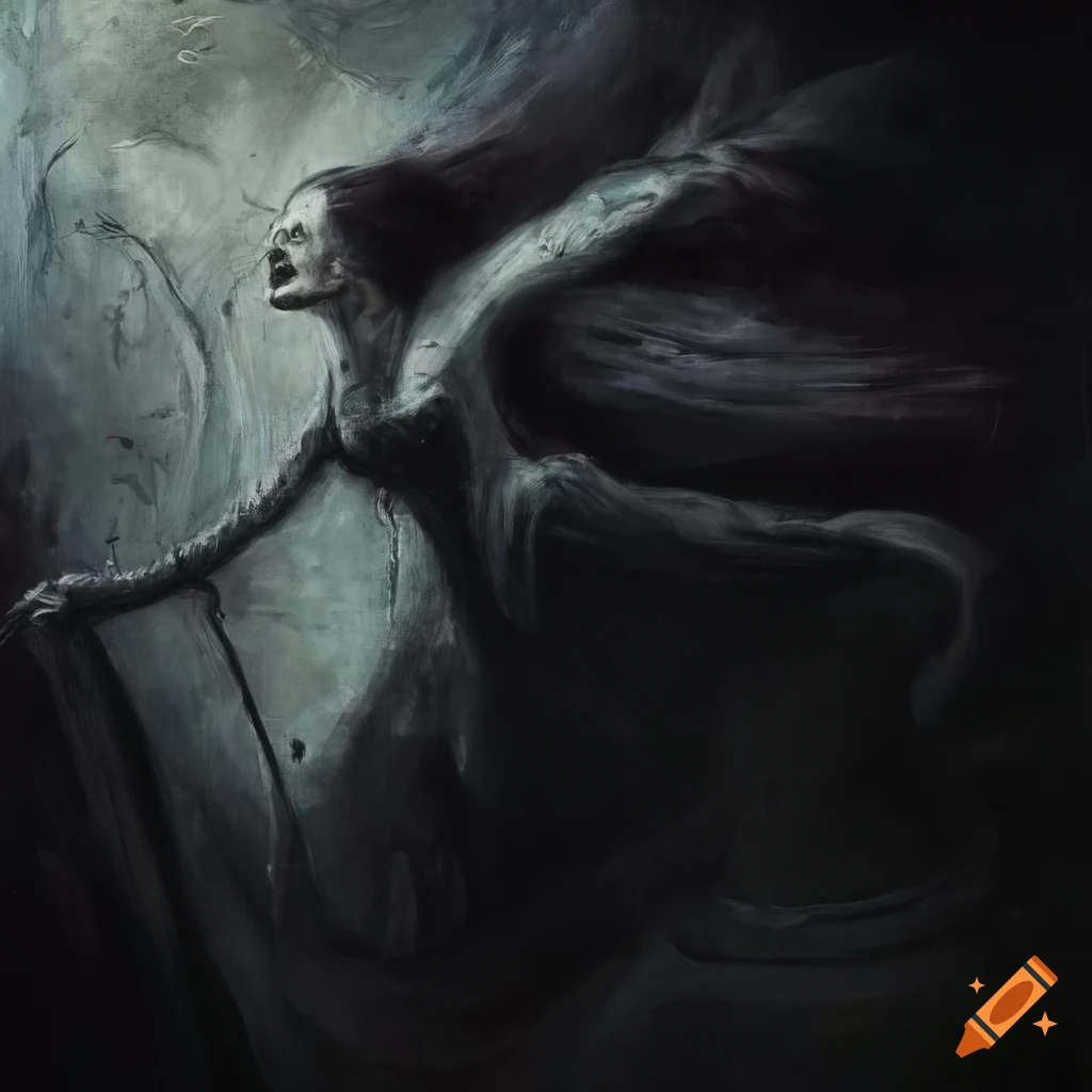 Dark oil painting of a witch flying on a broom on Craiyon