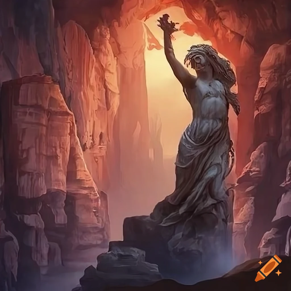 red and white magical statue on a cliff