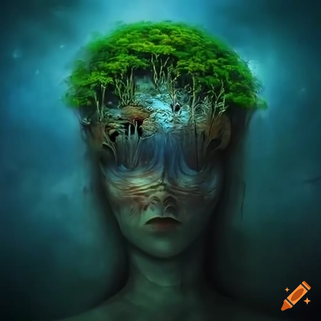 Surreal artwork of trees growing from mythical creature in space on Craiyon