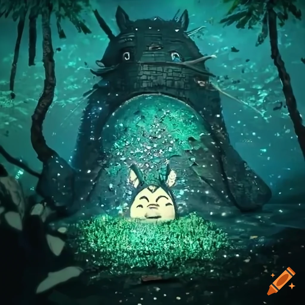glittery diorama of Totoro in a forest