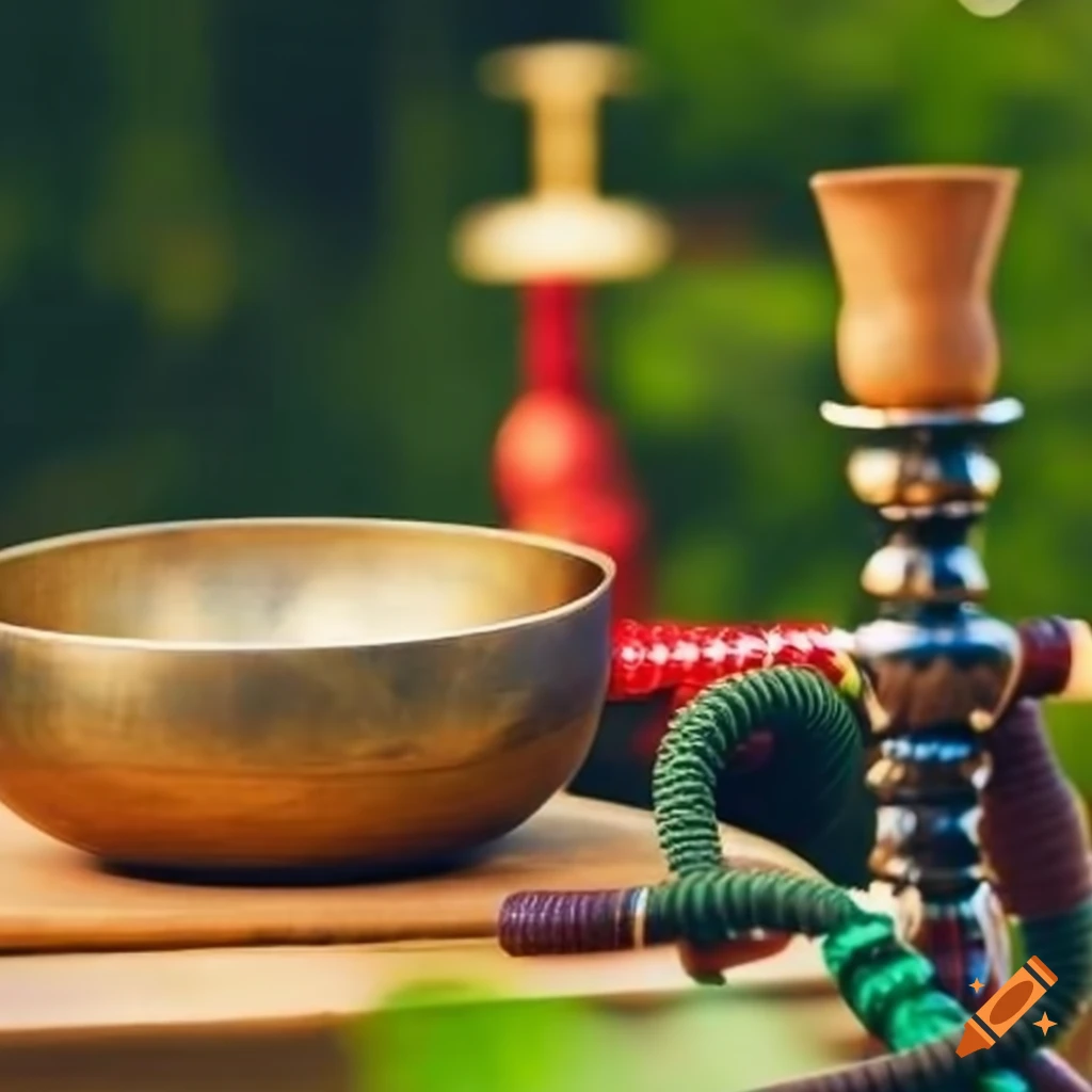 Singing bowls and hookah on a garden table on Craiyon