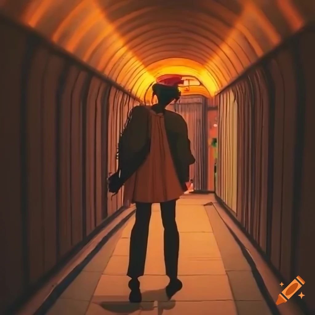 retro anime style of a man walking through a tunnel