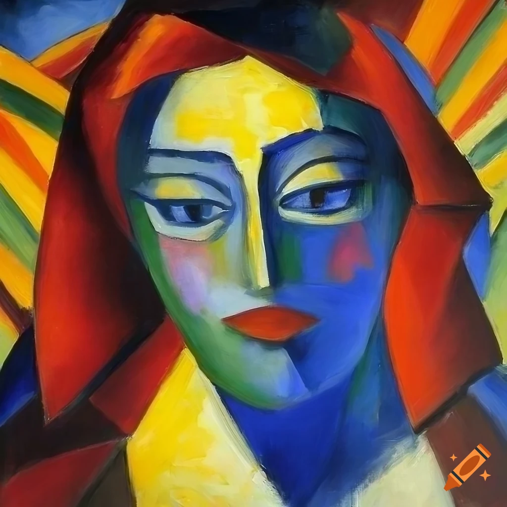 bold oil painting of a woman in burqa under a blue sun