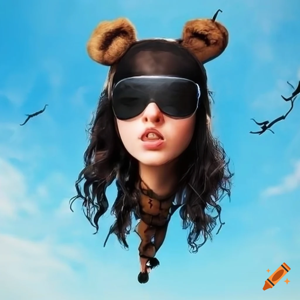 surreal image of a girl skydiving in a bear costume