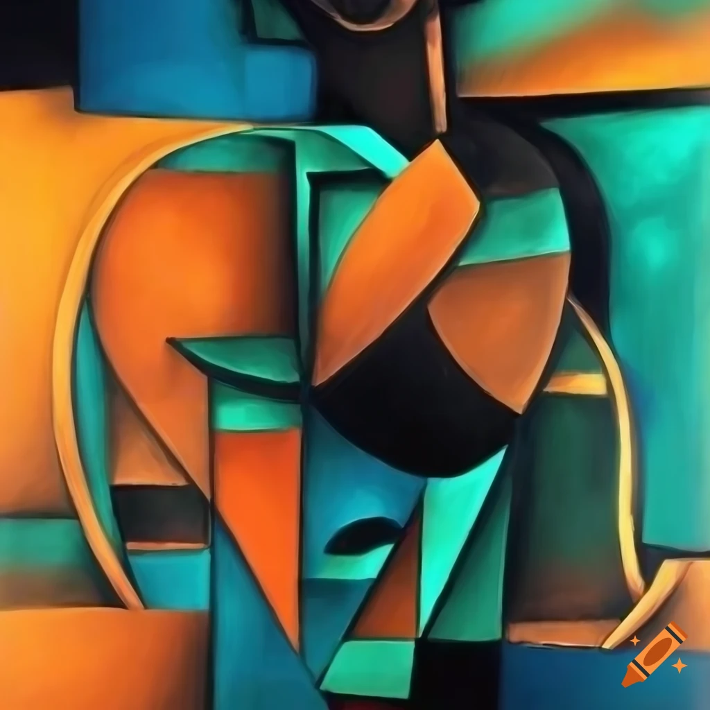 black and white cubist painting with orange, green, blue accents