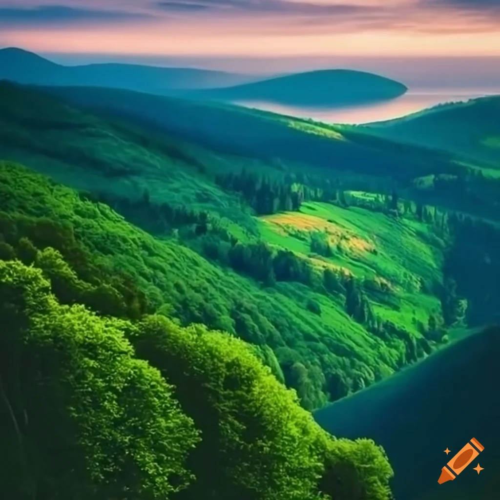 green hills with trees and animals in a beautiful landscape