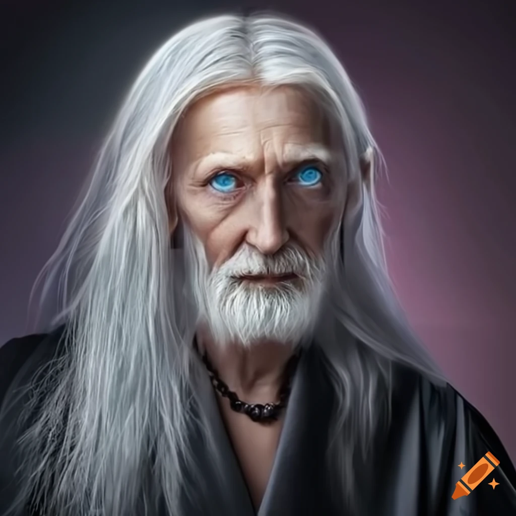 portrait of a 55 year old magician with blue eyes and gray-blond hair