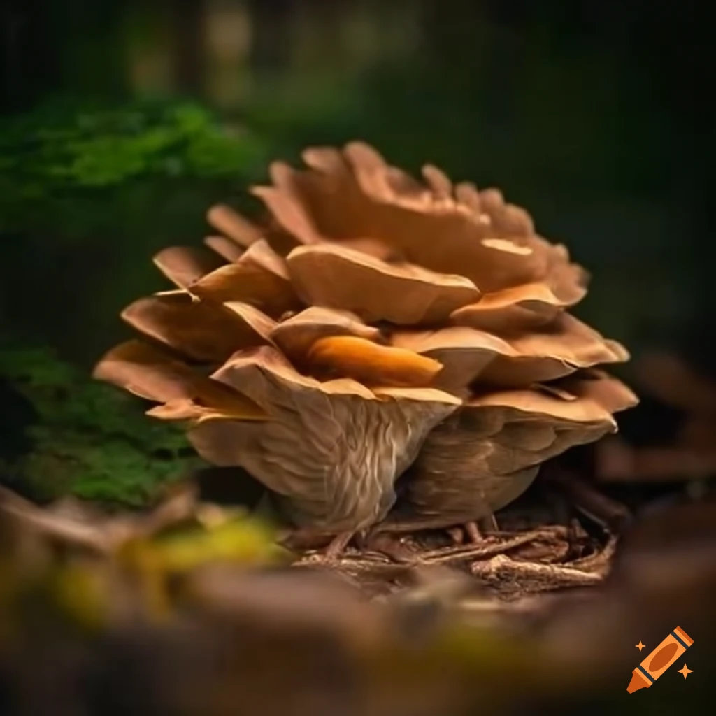 close-up of hen of the woods mushroom on forest floor