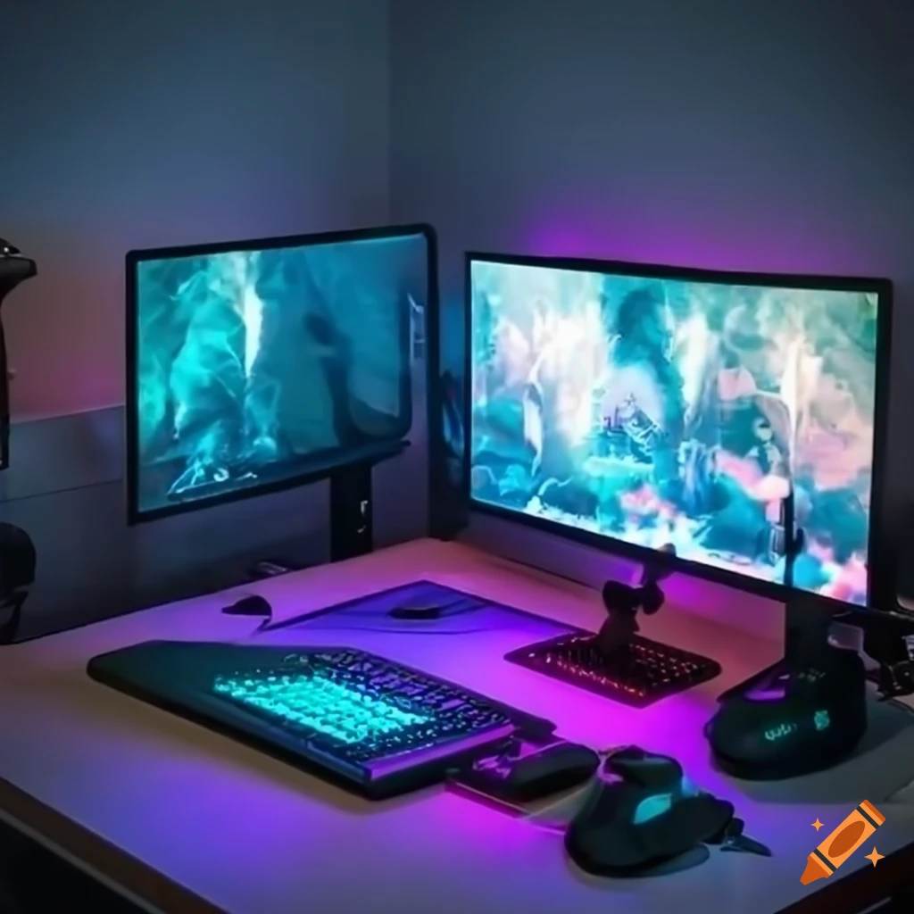 Gaming setup with multiple monitors and led lights on Craiyon