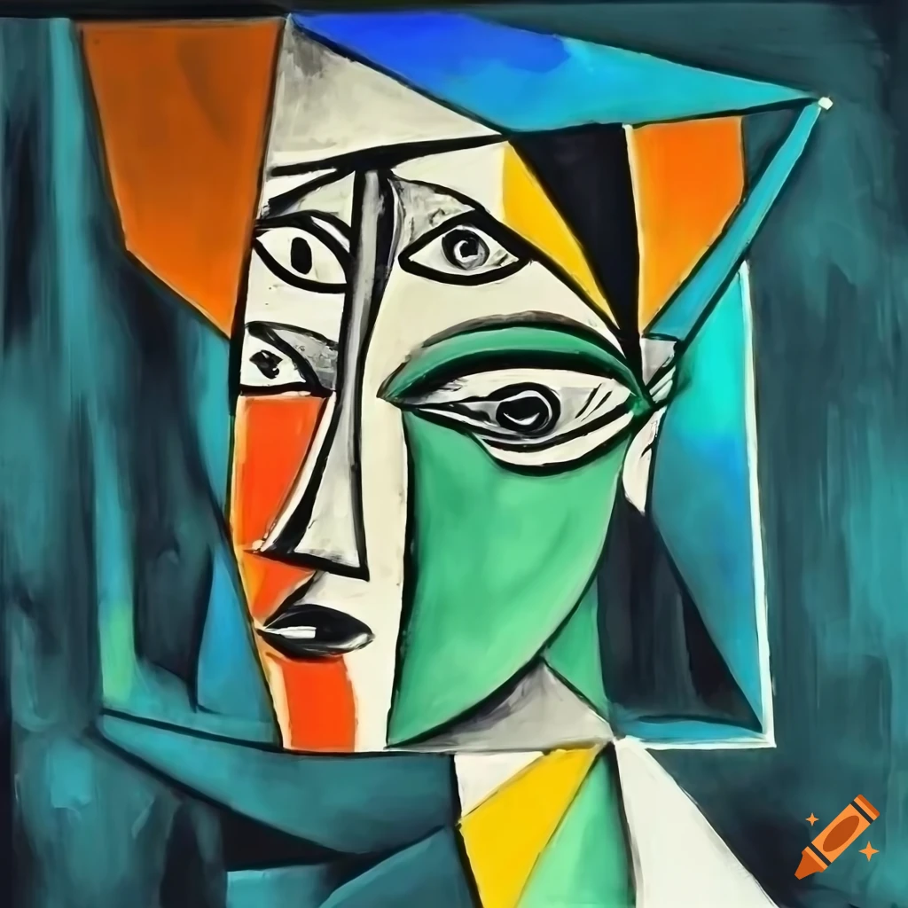 black and white painting with orange, green, and blue accents