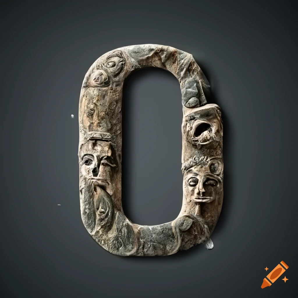 detailed stone letter "A" with Etruscan masks