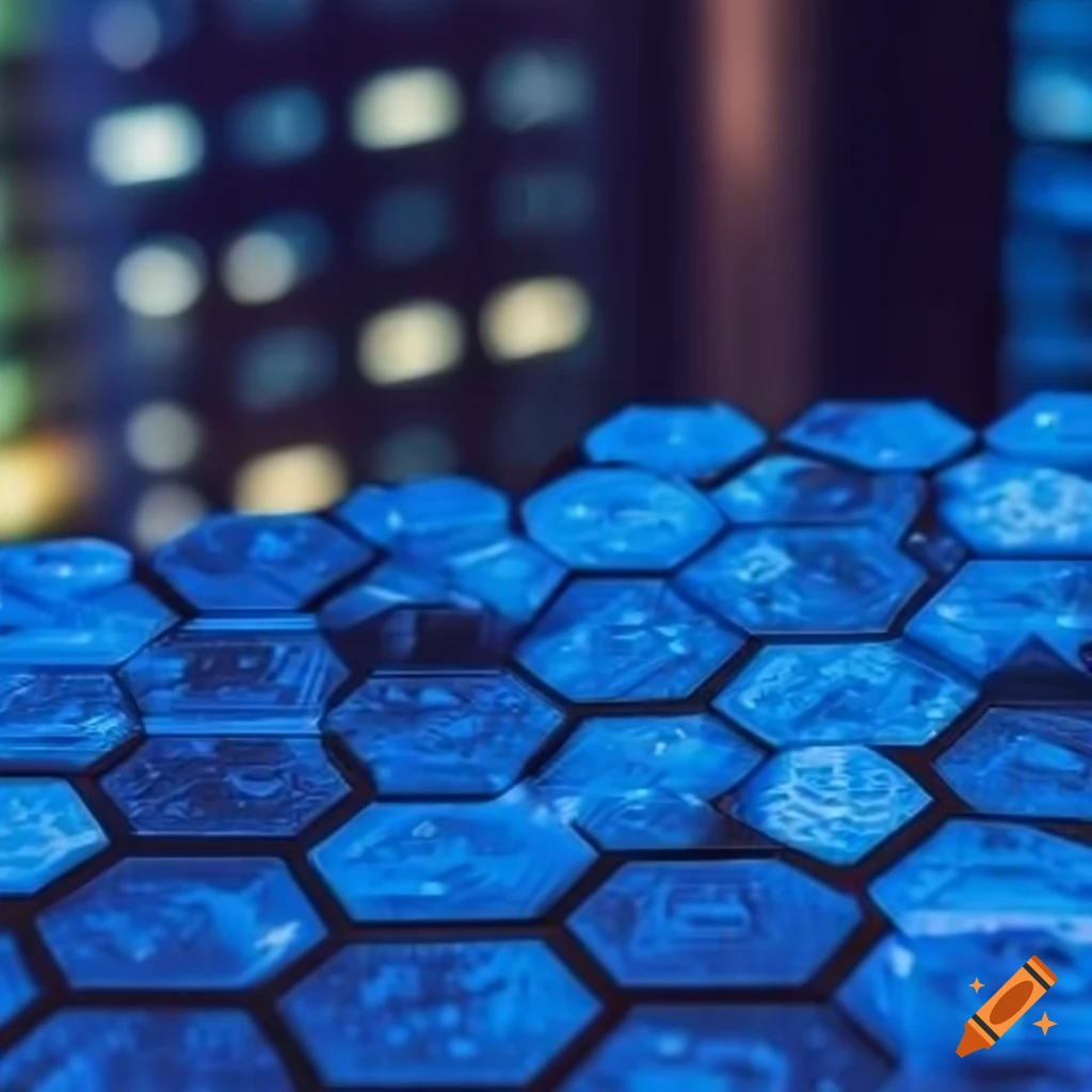 hexagonal game board with futuristic cityscape