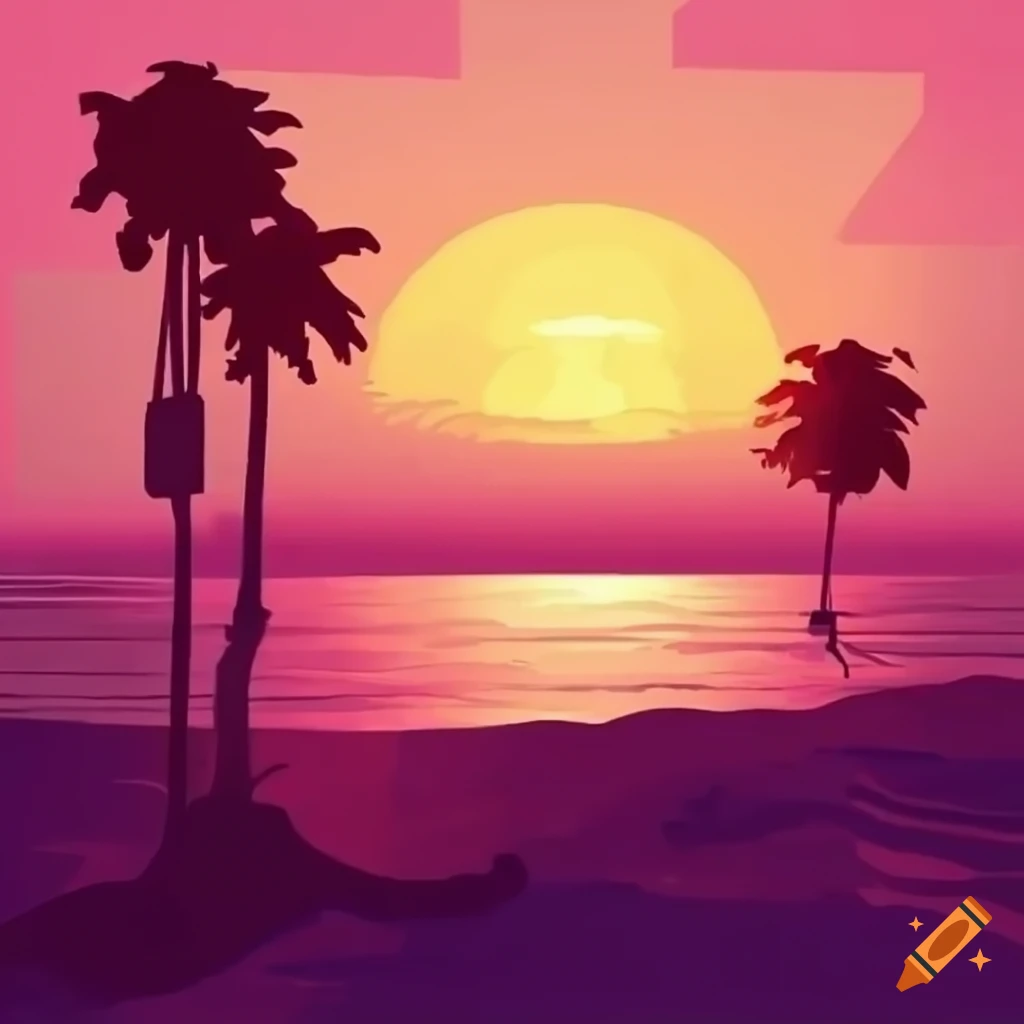 Artistically drawn beach with trees and sunrise in gta style on Craiyon