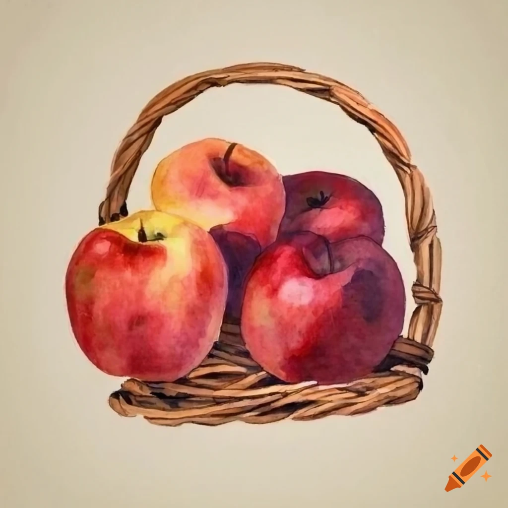 Watercolor painting of a basket of red apples