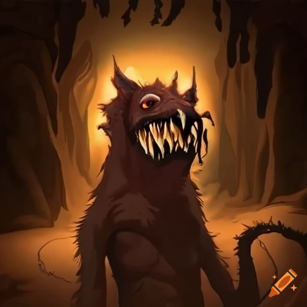 Cryptid with yellow fur and long limbs grinning in a dark alleyway on ...