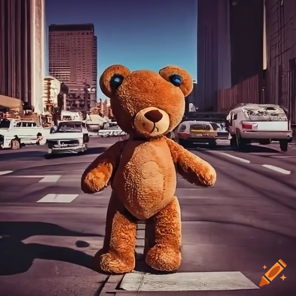 GTA-inspired teddy bear in the middle of a Los Angeles street on Craiyon