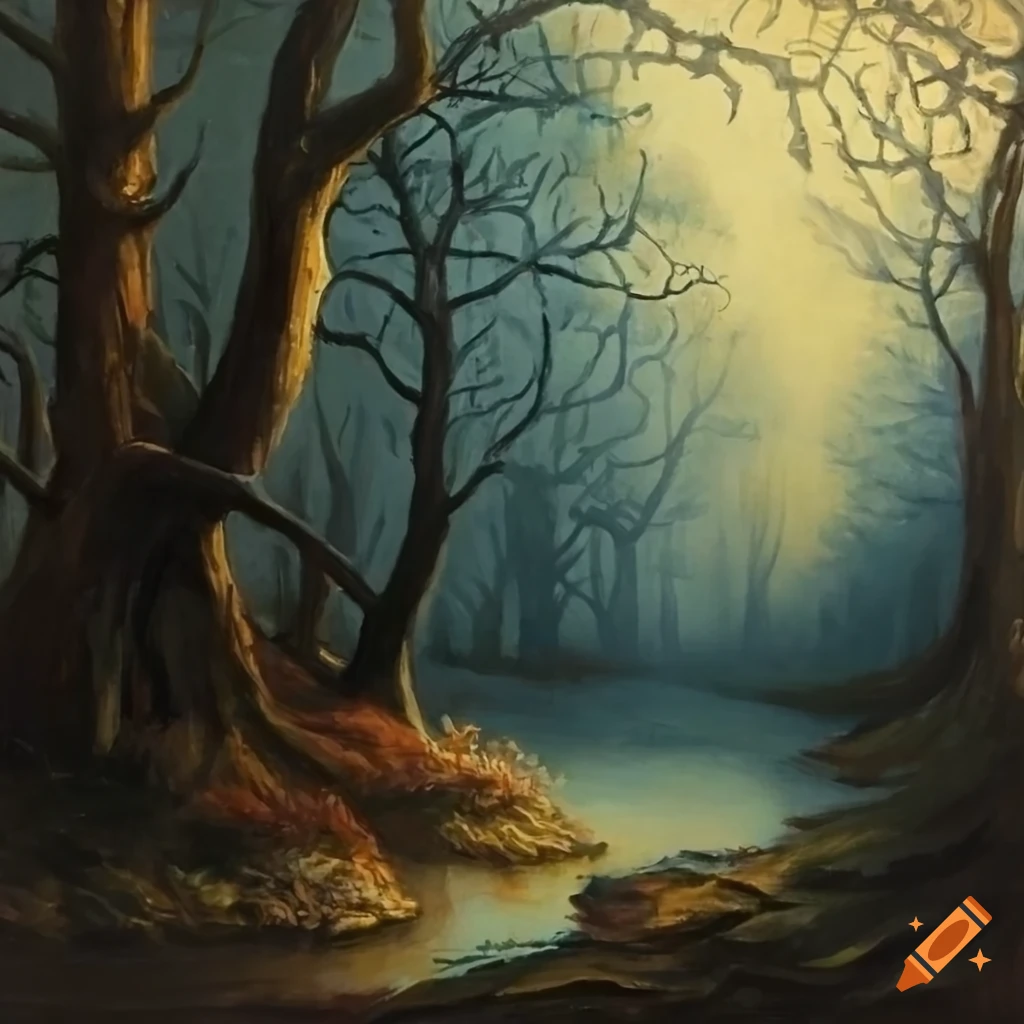 oil painting of a haunted woods in the 1800s