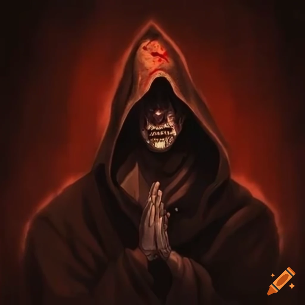 sinister illustration of hooded monks with bloodshot eyes