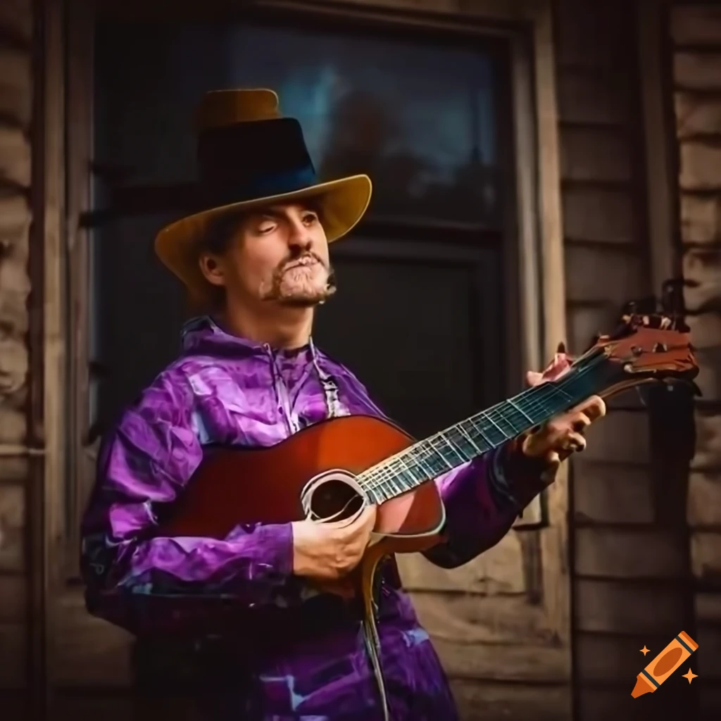 image of a musician outside a rustic house