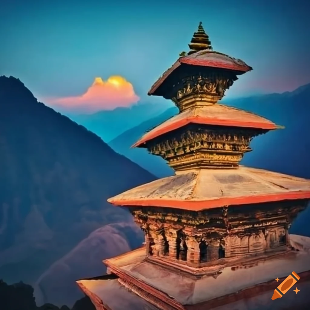 Sunset view of an ancient nepali temple in the mountains on Craiyon