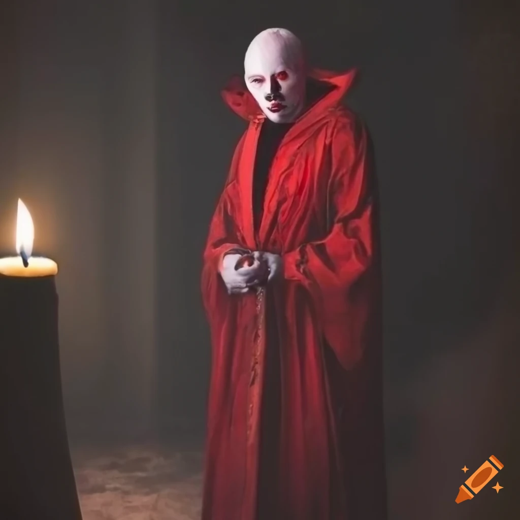 Character art of a bald albino vampire in red robes on Craiyon