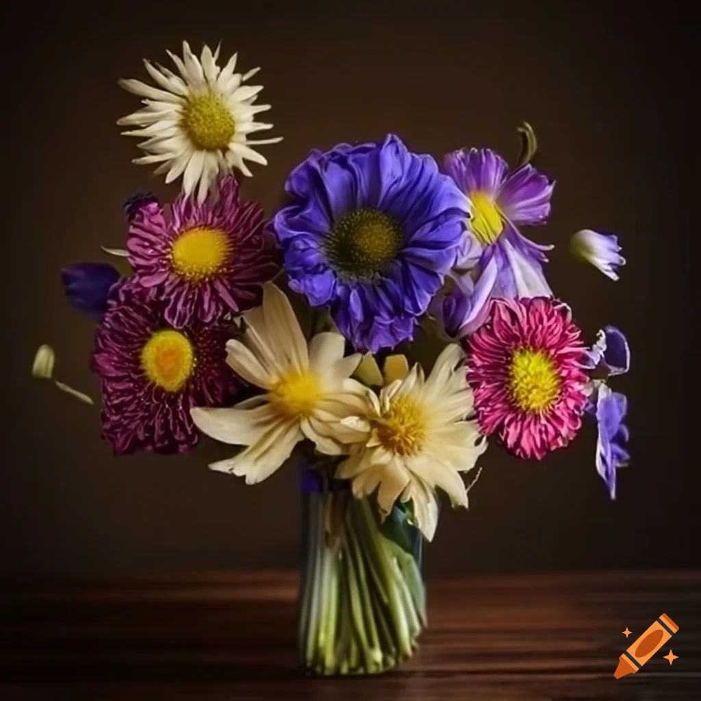 Colorful bouquet of lilies, chrysanthemums, irises, violets, morning