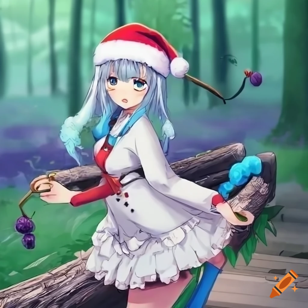 anime catgirl with blue skin wearing santa hat in the forest