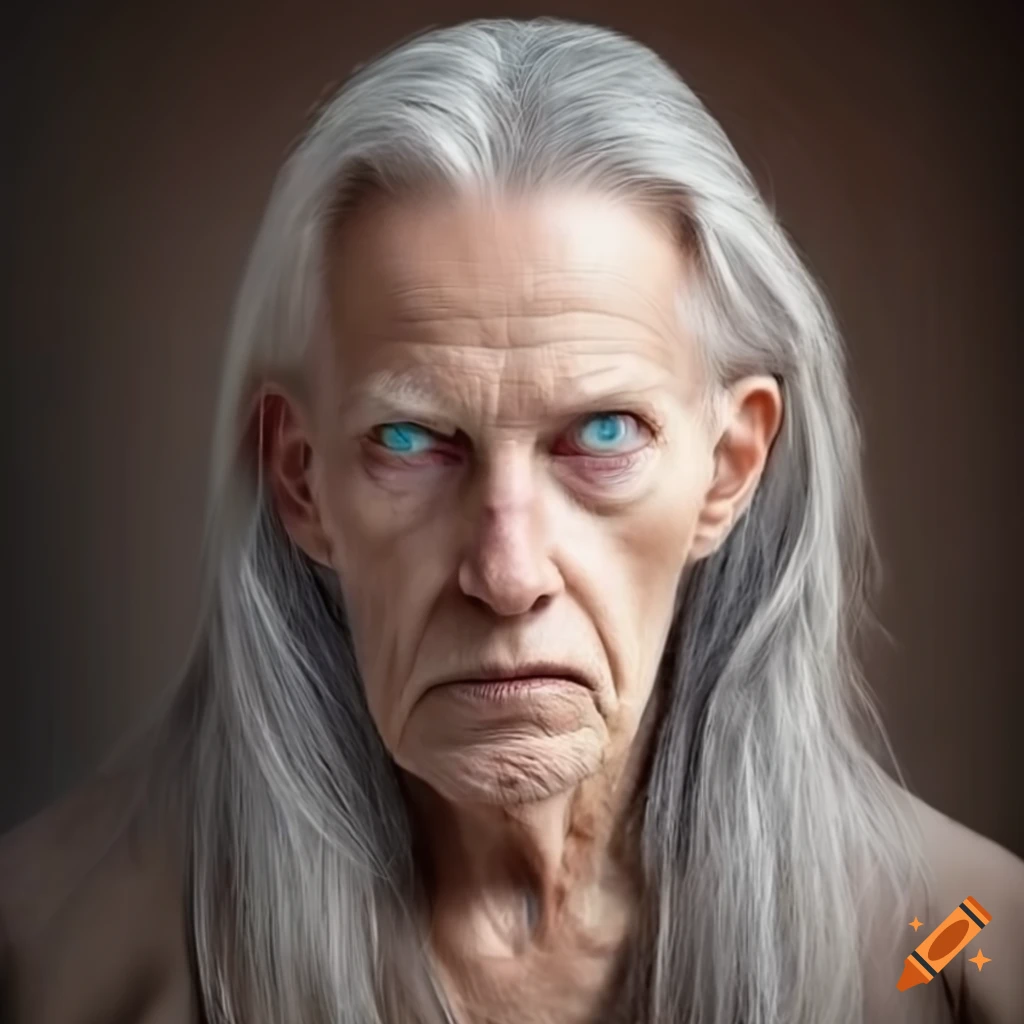 portrait of a mature magician with blue eyes and long gray-blond hair