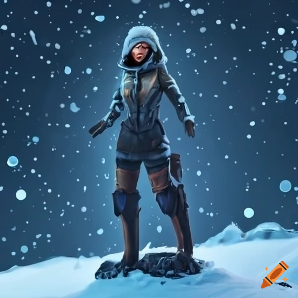 snowy landscape with a female spaceship captain